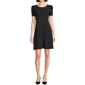 Ladies 12 Karl Lagerfeld black scuba contrast trim A-line puff sleeve dress